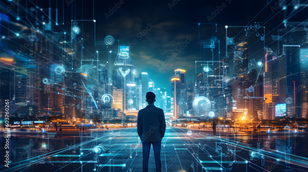 Person standing in a futuristic cityscape filled with AI-powered smart infrastructure. Generated AI Person standing in a futuristic cityscape filled with AI-powered smart infrastructure. Generated AI
