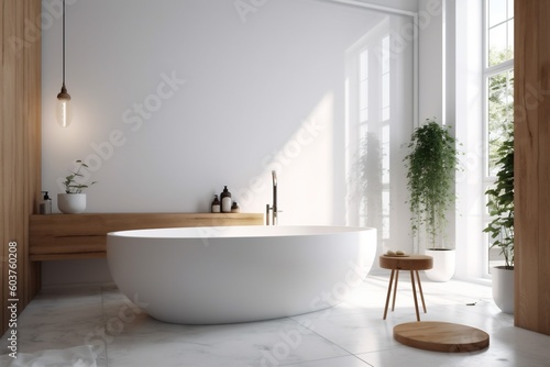 bathroom luxury bathtub house modern home white corner architecture wood interior. Generative AI.
