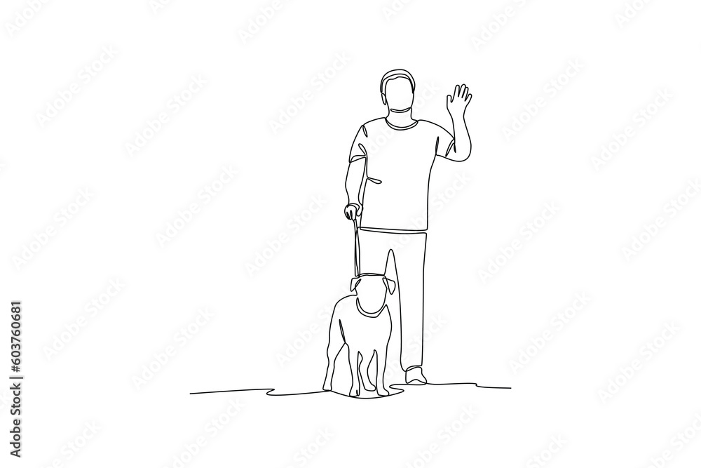 Single one-line drawing a man greeting while carrying a dog. Urban pet concept. Continuous line draw design graphic vector illustration. Single one-line drawing a man greeting while carrying a dog. Urban pet concept. Continuous line draw design graphic vector illustration.