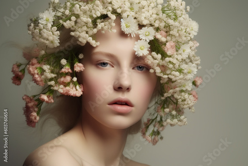 Beautiful young woman with floral wreath on her head. AI generated image.