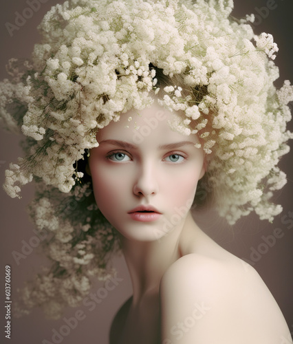 Beautiful young woman with floral wreath on her head. AI generated image.