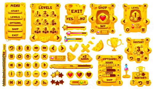 Game app interface, GUI asset and buttons. Maasdam and gauda cheese menu and sliders. Mobile or computer game interface buttons, arcade UI vector sliders and level lines, app GUI menu cheese bar, icon