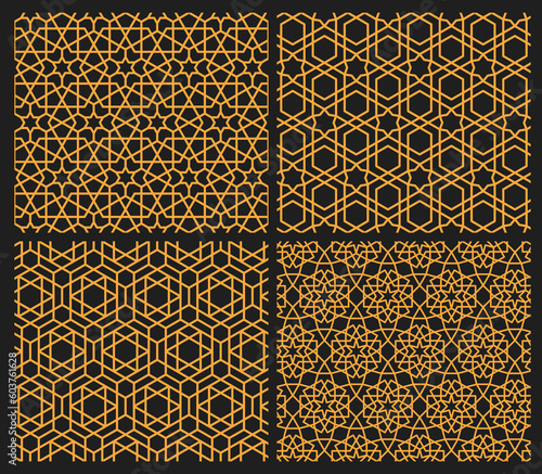 Mashrabiya Arabesque Arabic patterns set, seamless Islamic backgrounds, vector mosque ornament. Mashrabiya tile mosaic with geometric motif mesh grid, Arabian Islamic or Turkish Arabesque patterns photo