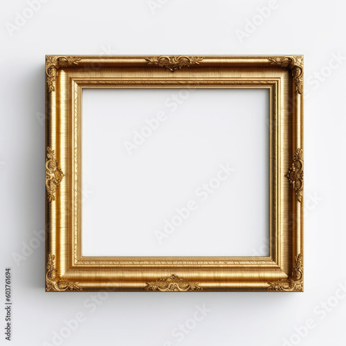 Picture frame, gold frame, front view, blank canvas, white background