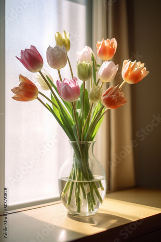 Bouquet of tulips on a windowsill, in a glass vase, Generative AI