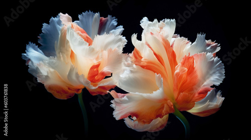 Fluffy white and red tulip blossoms on dark background  close-up  macro  Generative AI