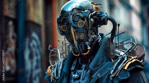 Cyber punk robot standing outdoors. Futuristic sci-fi robotic creature at blurred backdrop. Generative AI.