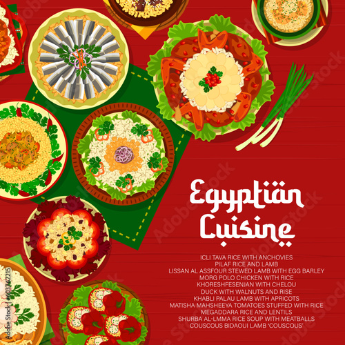 Egyptian cuisine menu cover, Egypt food dishes and meals, vector restaurant poster. Egyptian cuisine traditional food of couscous barley, pilaf rice with lamb and chicken, lentils and anchovy