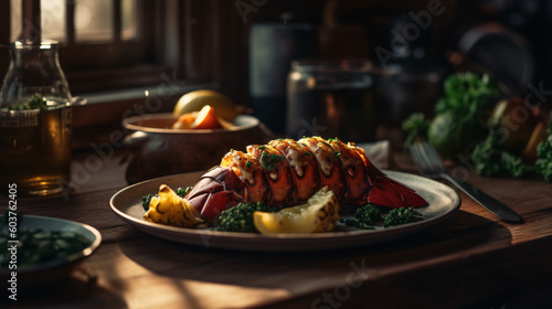 Flaming Lobster Temptation: Indulge in the Smoky Charred Goodness of Grilled Lobster Tail, Served with a Medley of Roasted Seasonal Vegetables and a Decadent Drizzle of Clarified Butter