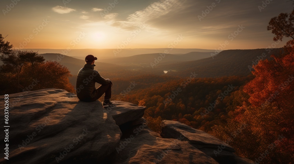 Capture a serene and contemplative moment of a hiker sitting on a rocky ledge, overlooking a vast valley during sunset. Generative AI