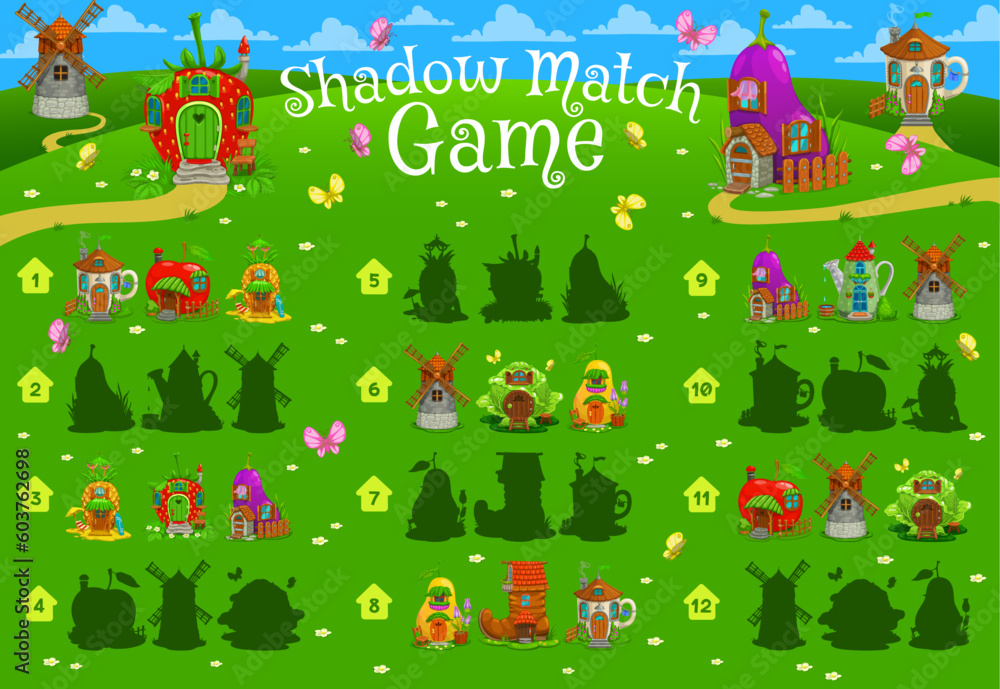 Shadow match game fairytale magic houses and dwellings. Kids vector quiz or puzzle task worksheet with cartoon teacup, apple, pineapple and strawberry. Eggplant, windmill, cabbage or pear with boot Shadow match game fairytale magic houses and dwellings. Kids vector quiz or puzzle task worksheet with cartoon teacup, apple, pineapple and strawberry. Eggplant, windmill, cabbage or pear with boot