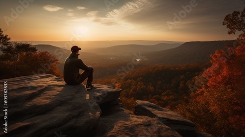 Capture a serene and contemplative moment of a hiker sitting on a rocky ledge, overlooking a vast valley during sunset. Generative AI