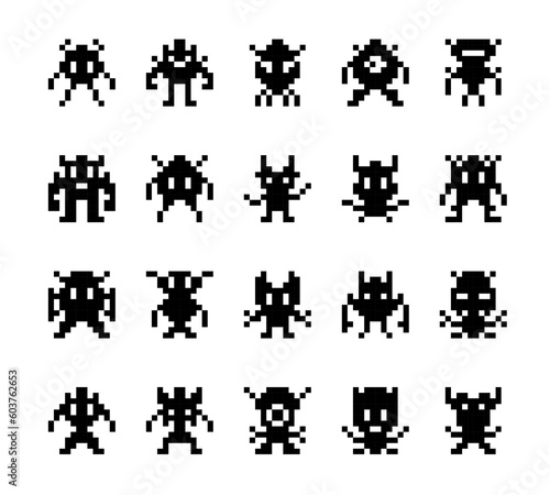 Pixel monsters, arcade game characters. Isolated vector set of funny creatures in pixel art style. Vintage 8-bit graphic silhouettes. Retro video game icons. Black simple aliens on white background