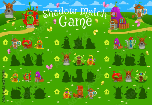 Shadow match game fairytale magic houses and dwellings. Kids vector quiz or puzzle task worksheet with cartoon teacup  apple  pineapple and strawberry. Eggplant  windmill  cabbage or pear with boot