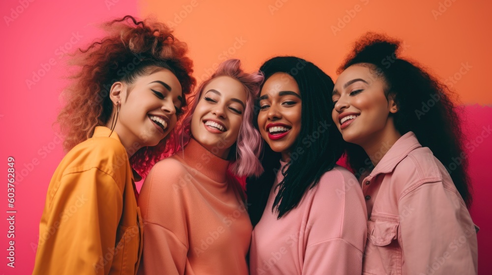 Multiracial group of young friends enjoying and smiling using their mobile phone app. A person holding their phone and looking happy while surrounded by friends or family. Generative AI Multiracial group of young friends enjoying and smiling using their mobile phone app. A person holding their phone and looking happy while surrounded by friends or family. Generative AI