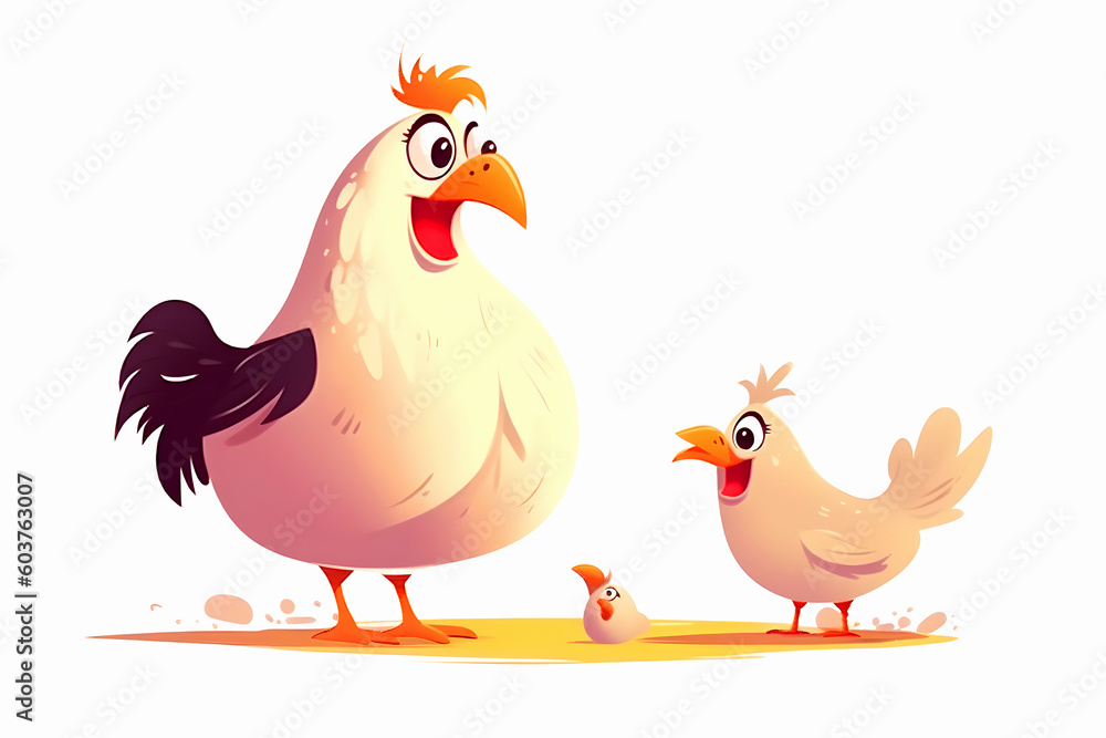 Cartoon mother chicken teaches little fluffy chick on white background. Education and learning, parents and children, teacher and student. Generative AI, illustration