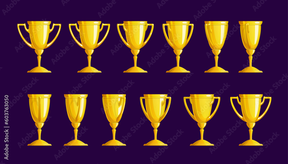 Golden trophy cup sequence, animation sprite sheet. Vector turn around ...