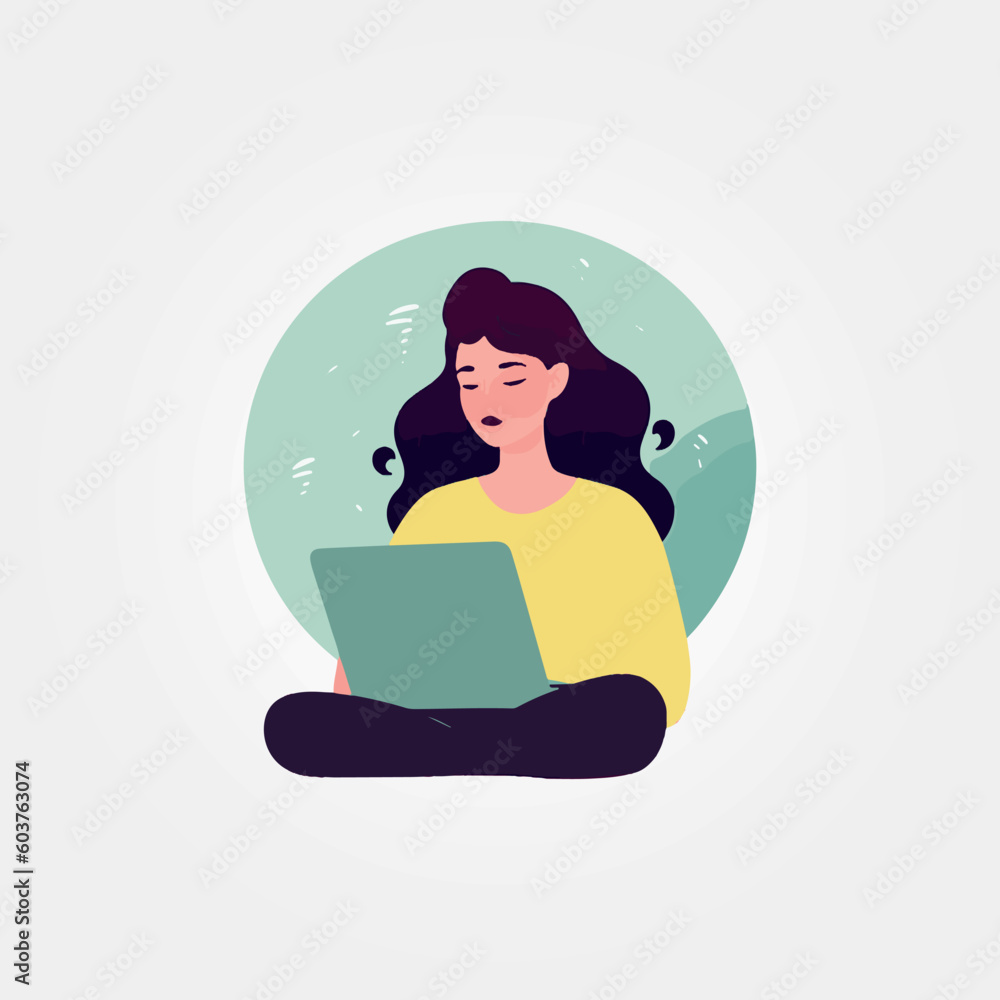 beautiful woman sitting with laptop on her lap, vector illustration beautiful woman sitting with laptop on her lap, vector illustration
