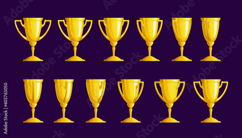 Golden trophy cup sequence, animation sprite sheet. Vector turn around movement of gold goblet, winner appreciation, prize for victory and achievement. First place award in sport or game ui element
