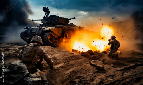 Photo Terrible battle field with tank and explosions