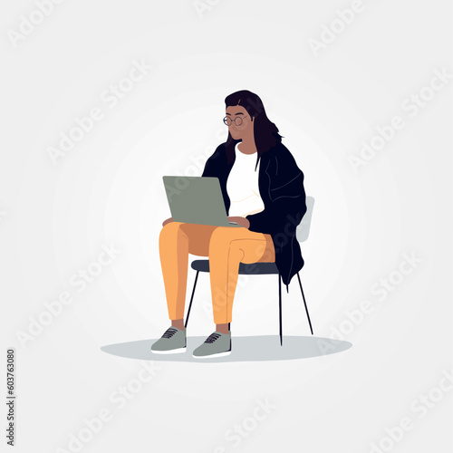 beautiful woman sitting with laptop on her lap working, vector illustration