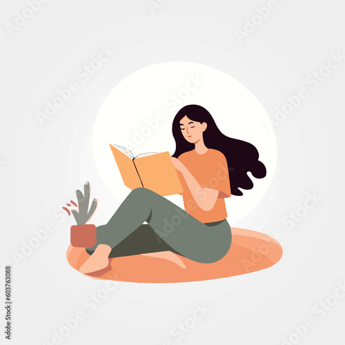 woman sitting reading a book, vector illustration