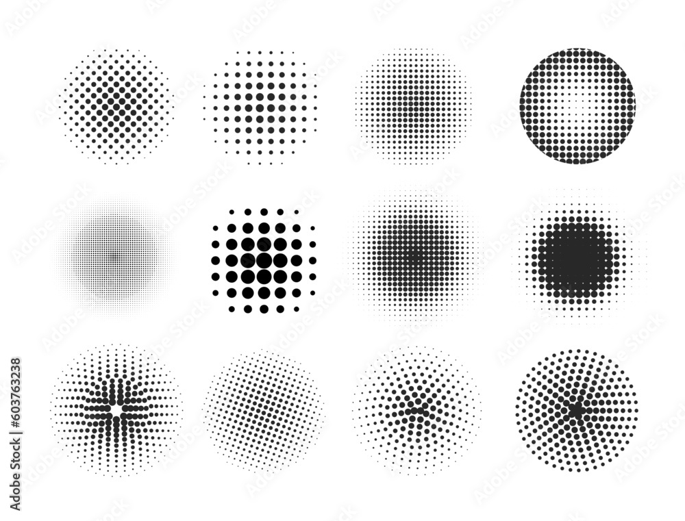 Halftone abstract dotted circle. Set of round halftones geometric dots gradient. Texture template. Black vector illustration isolated on white background.	