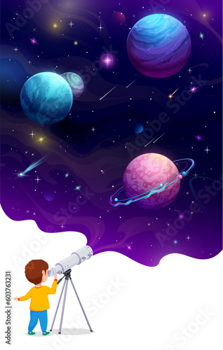 Young child with telescope. Cartoon space landscape on the sky. Vector scene with little boy observes cosmos, with planets, stars, and comets fill the view explore galaxy with wonder and amazement