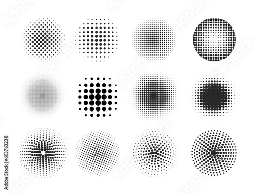 Halftone abstract dotted circle. Set of round halftones geometric dots gradient. Texture template. Black vector illustration isolated on white background.	