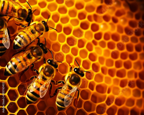 Beautiful worker bees are on the yellow honeycomb. Insect producing honey. Close up. Generative AI.