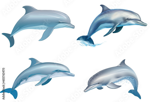 Tableau sur toile Cute blue cartoon dolphins in various characters set clipart icon isolated on clear background, bottlenose dolphin performance, with Generative Ai