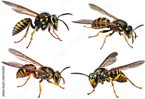 Close up of Wasp insect isolated on clear background, yellow and black color on body, yellow jacket predators of pest insects, with Generative AI.