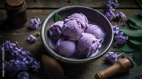 A Bowl with Ube Ice Cream on a Rustic Table