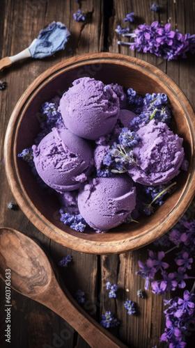 A Bowl with Ube Ice Cream on a Rustic Table