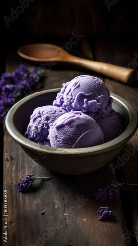 A Bowl with Ube Ice Cream on a Rustic Table
