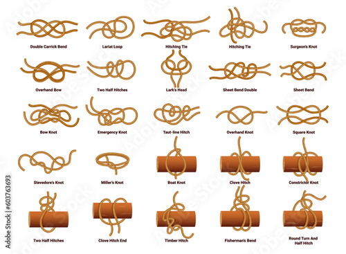 Sailing ship rope knots, nautical sailor tie and bow. Double carrick bend, lariat loop, hitching tie, surgeons and overhand bow, two half hitches, larks head, sheet bend double vector sailing knot set photo