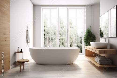 luxury bathroom decor architecture white modern wood bathtub home house interior. Generative AI. © VICHIZH