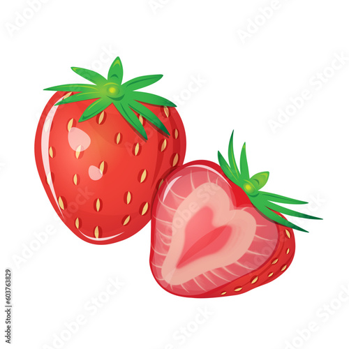 Whole and half strawberries on white background