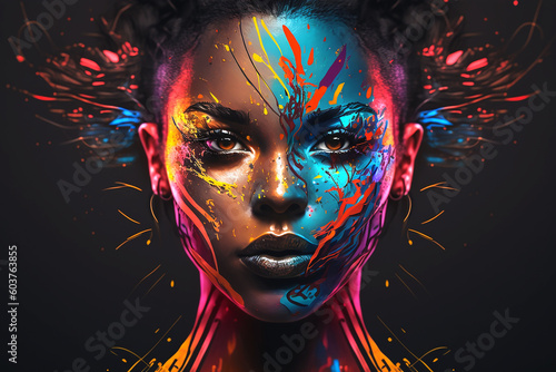AI generated illustration of a portrait of a woman with a colorful face paint design