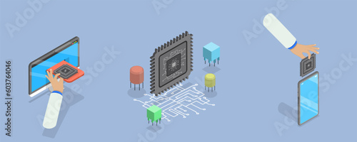 3D Isometric Flat Vector Conceptual Illustration of Microchip, Central Computer Processor