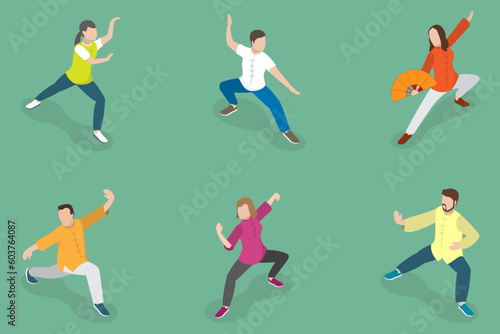 3D Isometric Flat Vector Set of Tai Chi, Healthy Lifestyle