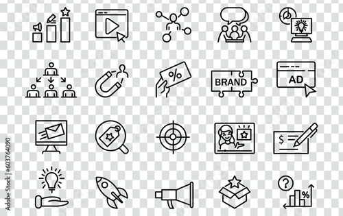 Business development strategy, advertising and distribution through influencers, icon set. Business and finance web icon set. Lines with editable stroke