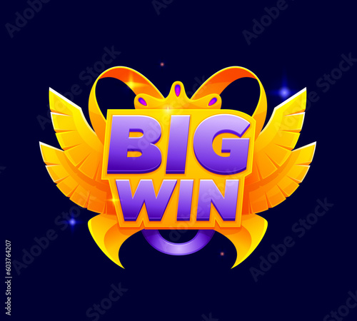 Game win popup banner, achievement golden icon. Casino slot machine victory congrats badge, 2d arcade win vector screen or icon, mobile game app GUI popup banner. Gambling rank sign with golden wings