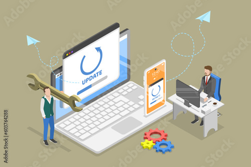 3D Isometric Flat Vector Conceptual Illustration of System Update, Setting up Computer
