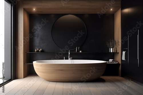 luxury interior bathtub modern design home wood furniture bathroom designer black. Generative AI.