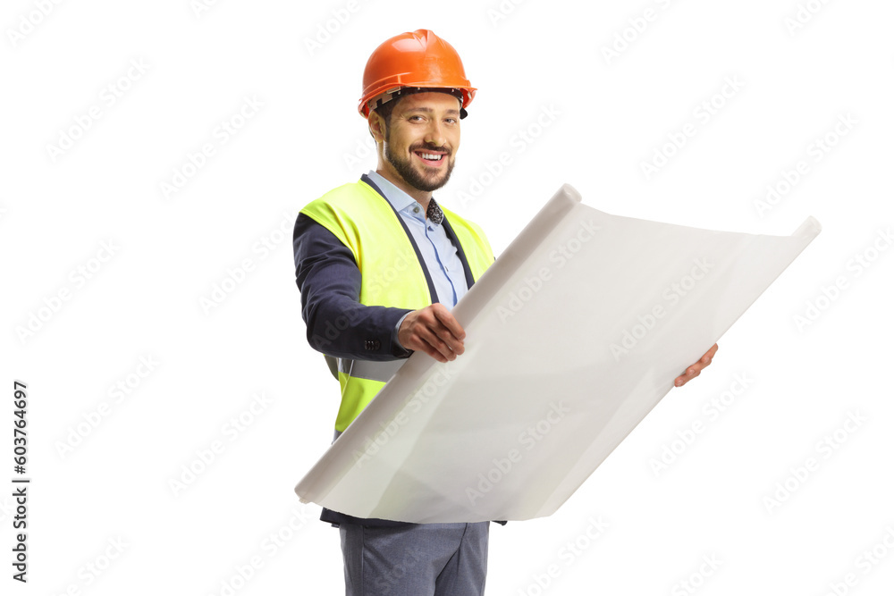 Engineer holding a blueprint and looking at camera Engineer holding a blueprint and looking at camera