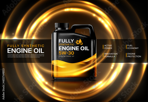 Car engine motor oil lubricant vector advertisement background. Realistic 3d plastic canister promoting and showcasing its benefits and effectiveness in enhancing engine performance and longevity