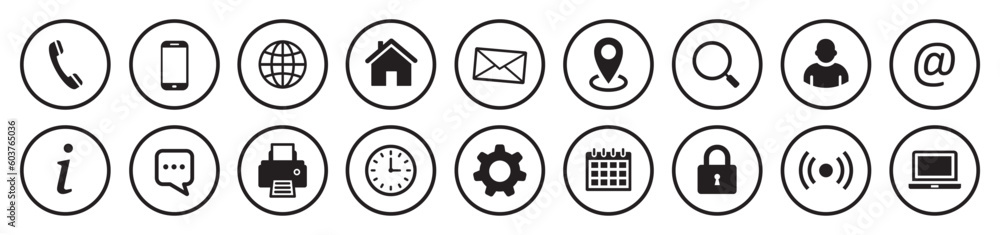 Set of contact icons. Contact Us – buttons. Web icons. Contact information, communication, business card. Vector illustration. - obrazy, fototapety, plakaty 