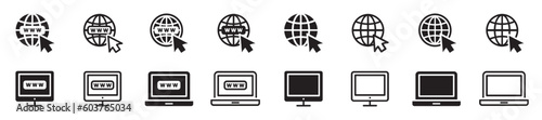 Set of website icons. WWW symbols, click to go to online website, mouse cursor, globe and computer. Vector.