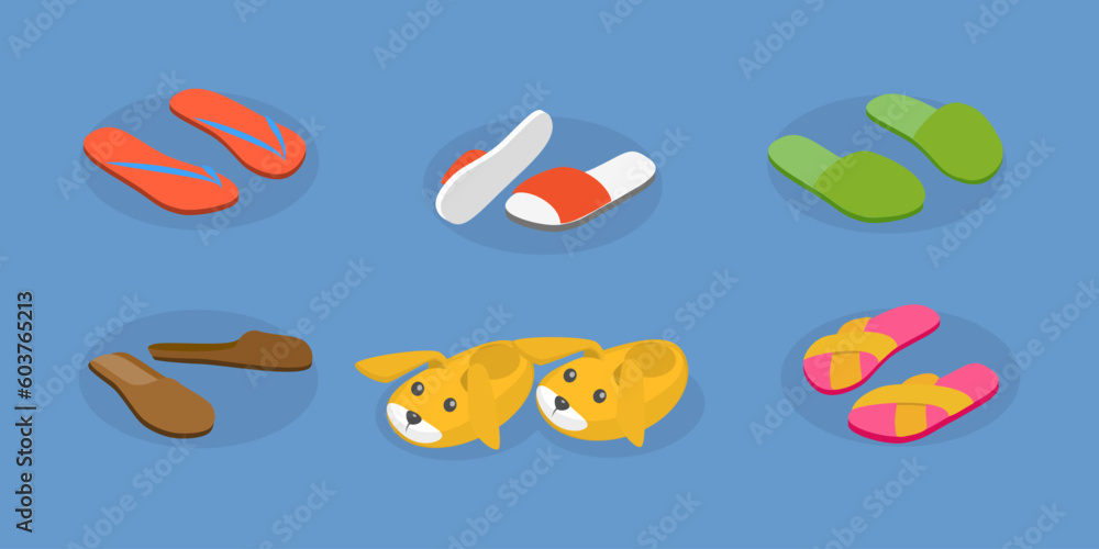 3D Isometric Flat Vector Set of Slippers, Home Shoes